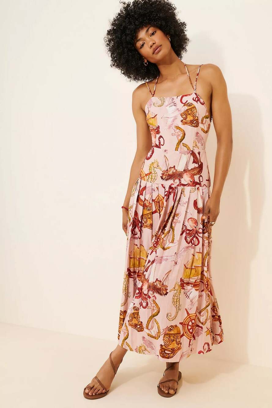 Farm Rio Pink Nautical Coastal Diver Print Strappy Pleated Beach Maxi Dress XS